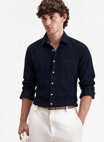 Men's Plain Dark Navy Blue Spread Collar Cotton Blended Casual Wear Shirt
