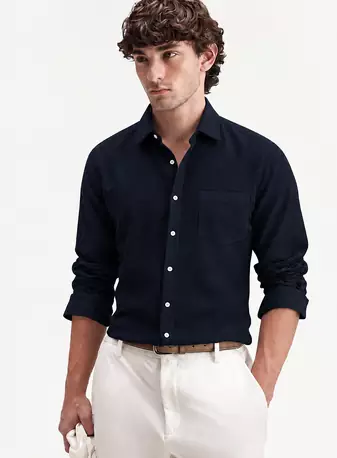 Men's Plain Dark Navy Blue Spread Collar Cotton Blended Casual Wear Shirt