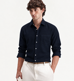 Men's Plain Dark Navy Blue Spread Collar Cotton Blended Casual Wear Shirt