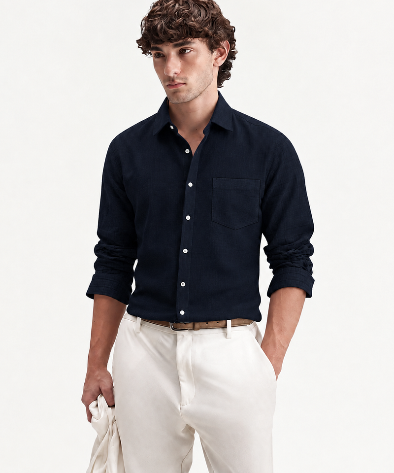 Men's Plain Dark Navy Blue Spread Collar Cotton Blended Casual Wear Shirt
