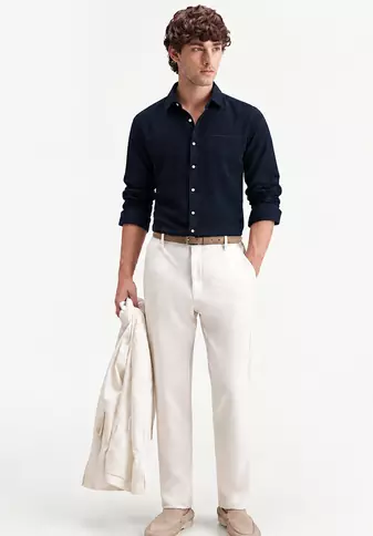 Men's Plain Dark Navy Blue Spread Collar Cotton Blended Casual Wear Shirt