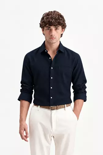 Men's Plain Dark Navy Blue Spread Collar Cotton Blended Casual Wear Shirt