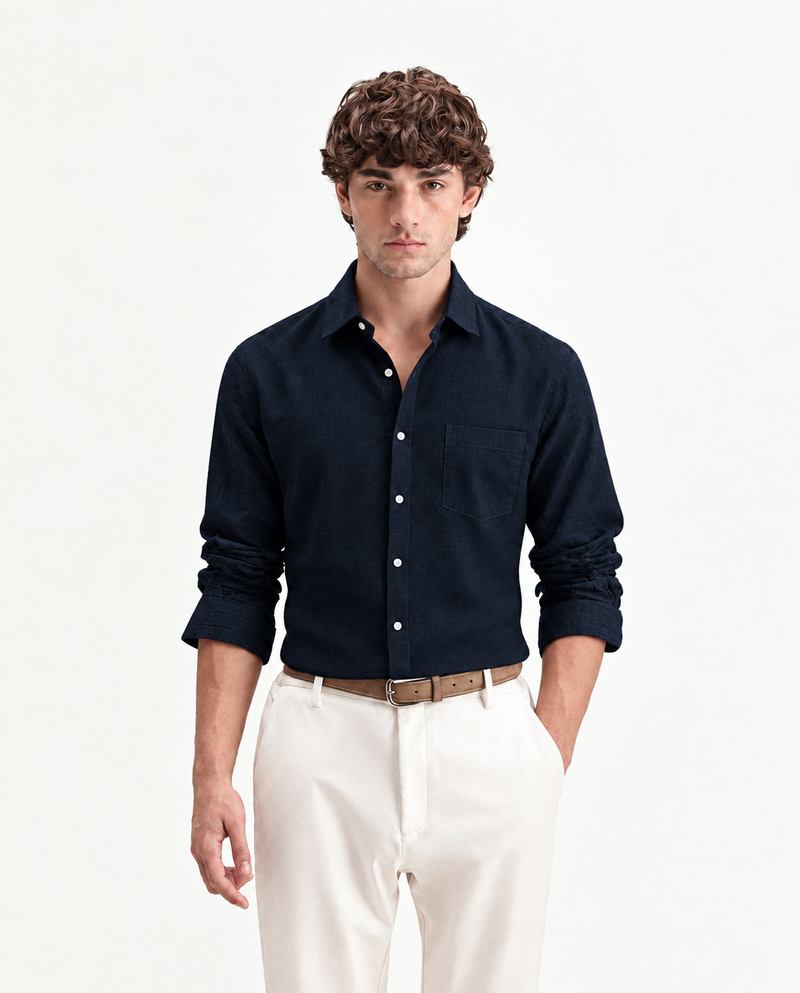 Men's Plain Dark Navy Blue Spread Collar Cotton Blended Casual Wear Shirt