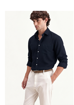 Men's Plain Dark Navy Blue Spread Collar Cotton Blended Casual Wear Shirt 4