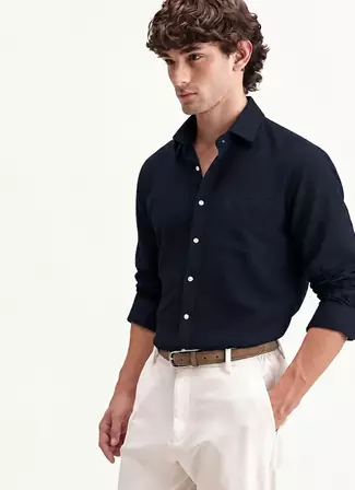 Men's Plain Dark Navy Blue Spread Collar Cotton Blended Casual Wear Shirt