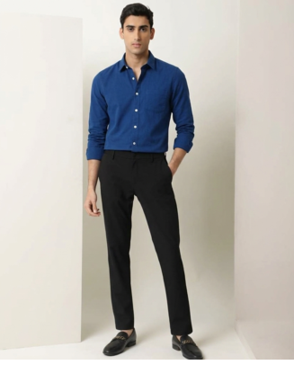 Men's Plain Royal Blue Spread Collar Cotton Blended Casual Wear Shirt 1