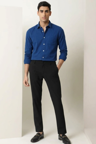 Men's Plain Royal Blue Spread Collar Cotton Blended Casual Wear Shirt