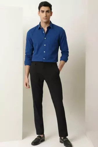 Men's Plain Royal Blue Spread Collar Cotton Blended Casual Wear Shirt