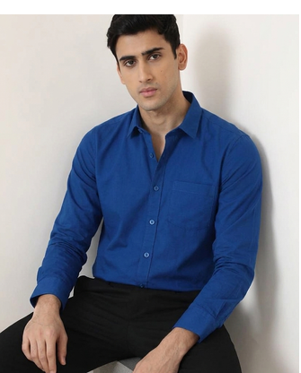 Men's Plain Royal Blue Spread Collar Cotton Blended Casual Wear Shirt 3