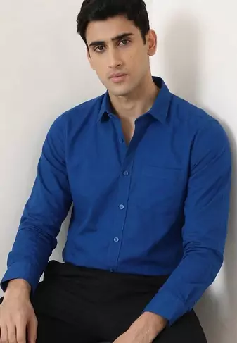 Men's Plain Royal Blue Spread Collar Cotton Blended Casual Wear Shirt