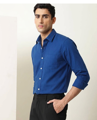 Men's Plain Royal Blue Spread Collar Cotton Blended Casual Wear Shirt 4