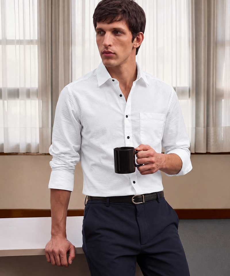 Men's Plain White Spread Collar Cotton Blended Casual Wear Shirt
