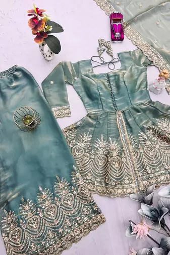 Teal Fendy Satin Silk Embroidery Party Salwar Suit