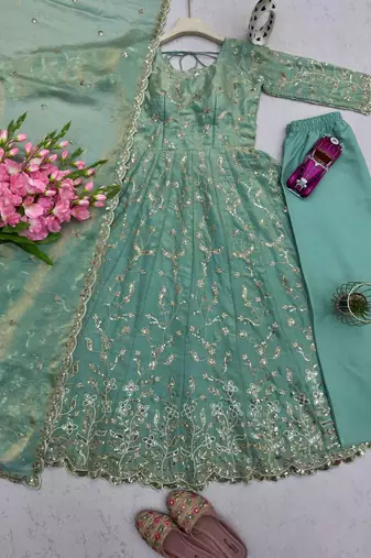 Teal fendy satin heavy embroidery work long wedding wear gown