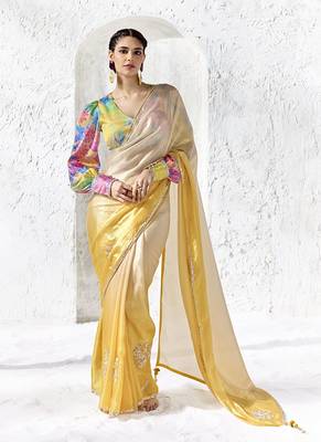 shaded cream silk blend designer border festive wear saree  1