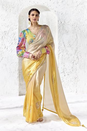 shaded cream silk blend designer border festive wear saree 