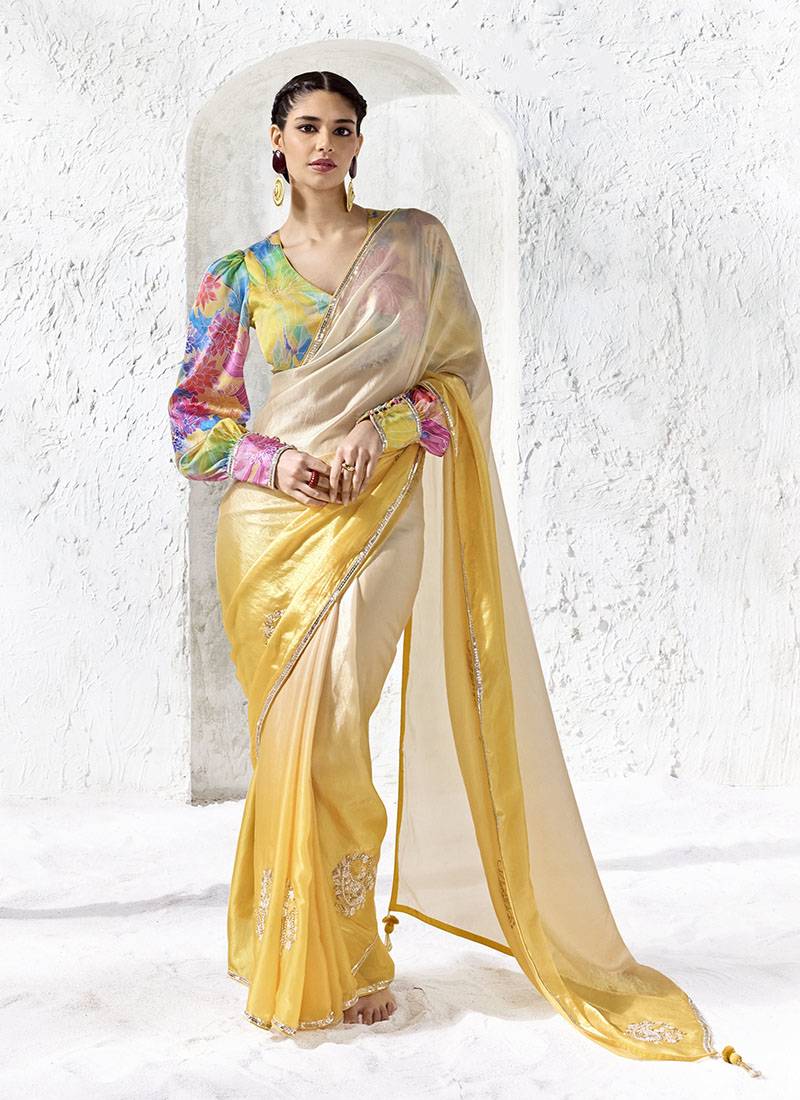 shaded cream silk blend designer border festive wear saree 