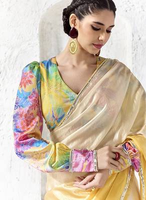 shaded cream silk blend designer border festive wear saree  2