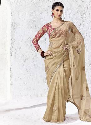 chiku silk blend designer border festive wear saree  1