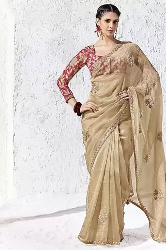 chiku silk blend designer border festive wear saree 
