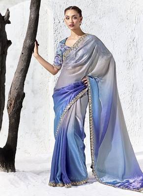shaded blue silk blend designer border festive wear saree  1