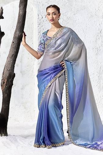 shaded blue silk blend designer border festive wear saree 