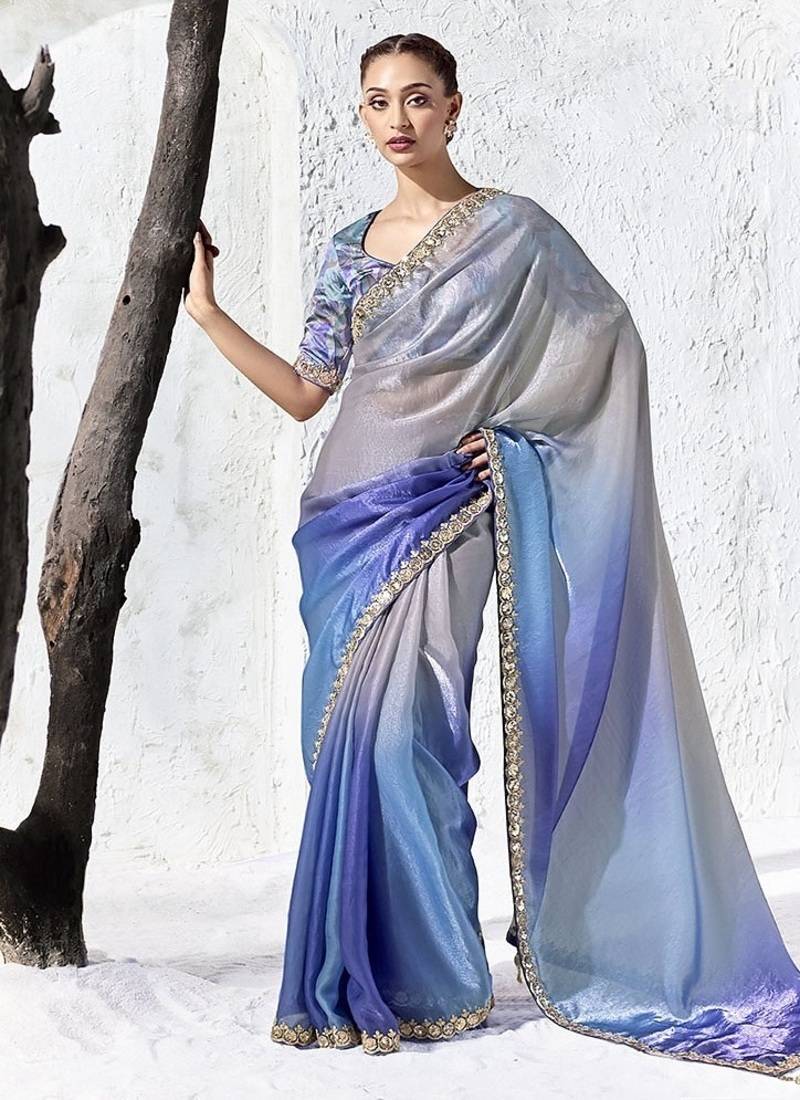 shaded blue silk blend designer border festive wear saree 