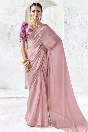 onion pink silk blend designer border festive wear saree 