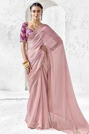 onion pink silk blend designer border festive wear saree 
