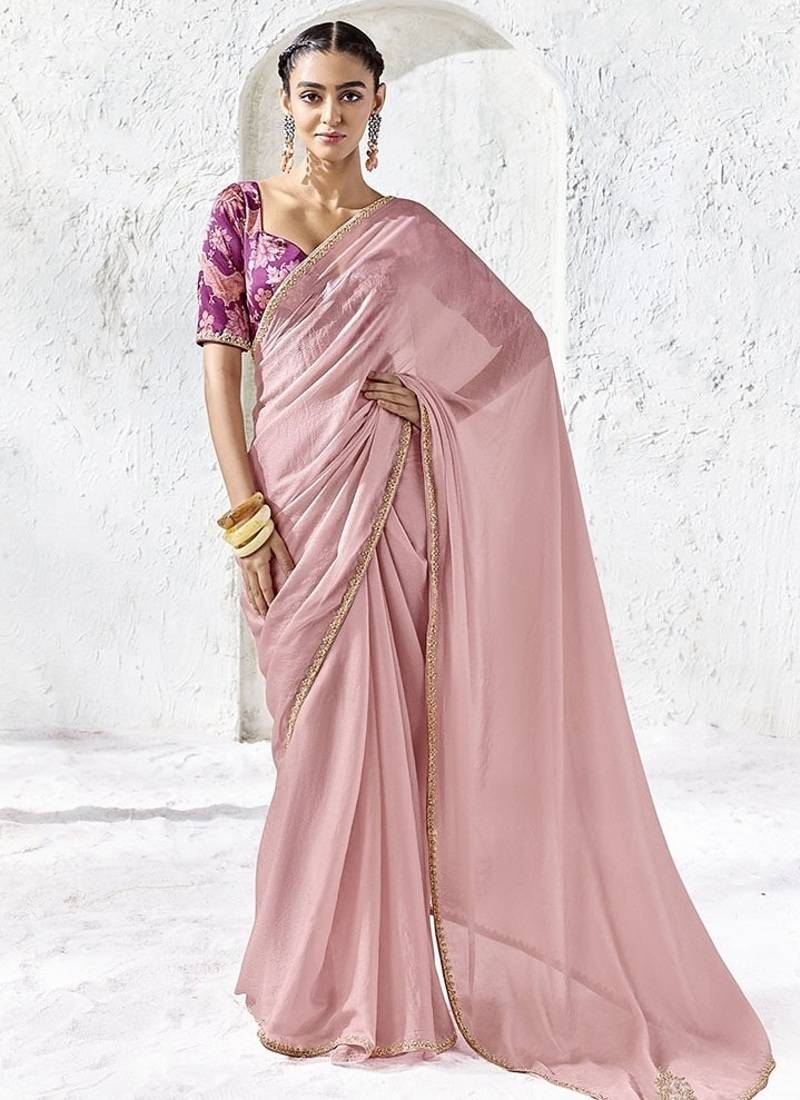 onion pink silk blend designer border festive wear saree 
