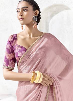 onion pink silk blend designer border festive wear saree  2