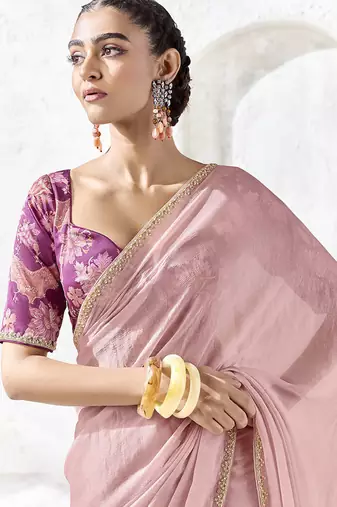onion pink silk blend designer border festive wear saree 