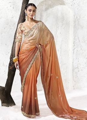 shaded rust silk blend designer border with sequience work festive wear saree  1
