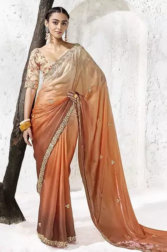shaded rust silk blend designer border with sequience work festive wear saree 