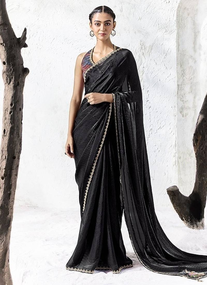 black silk blend designer border festive wear saree 