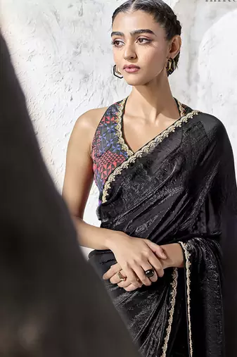 black silk blend designer border festive wear saree 