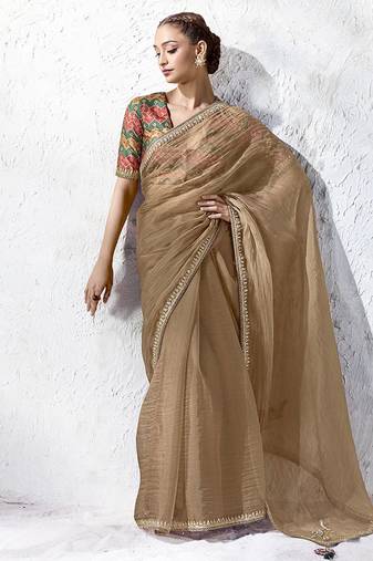 chiku silk blend designer border festive wear saree 