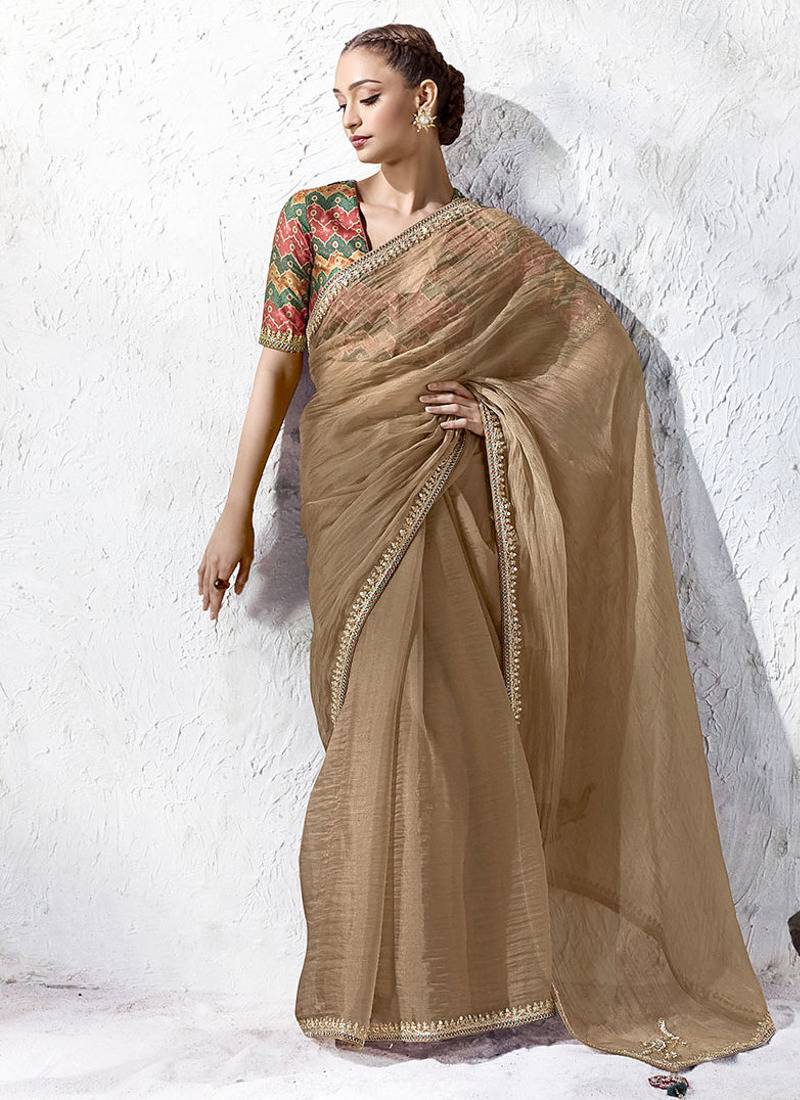 chiku silk blend designer border festive wear saree 