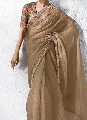 chiku silk blend designer border festive wear saree  2