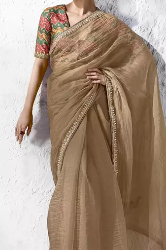 chiku silk blend designer border festive wear saree 