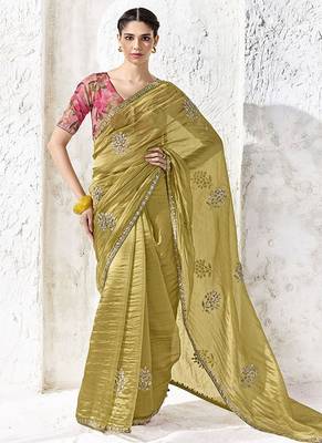 olive silk blend designer border with sequience work festive wear saree  1