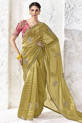 olive silk blend designer border with sequience work festive wear saree 