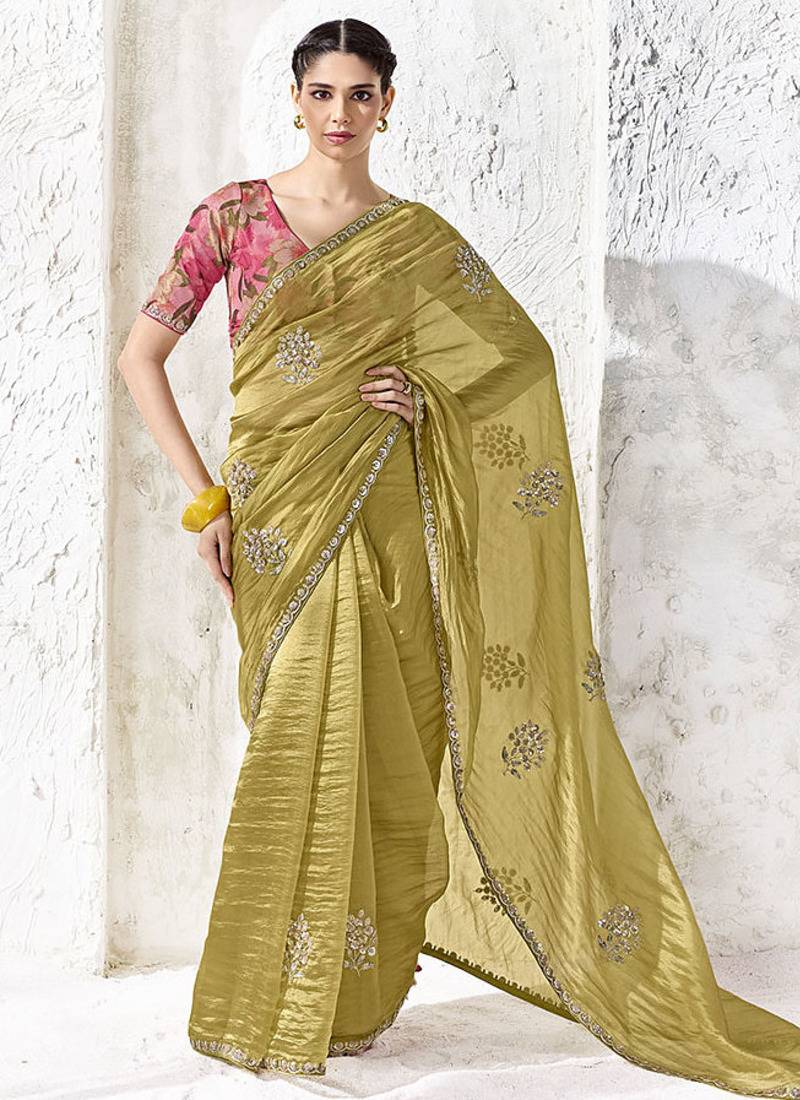 olive silk blend designer border with sequience work festive wear saree 