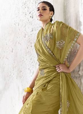 olive silk blend designer border with sequience work festive wear saree  2