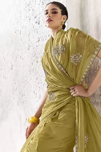 olive silk blend designer border with sequience work festive wear saree 