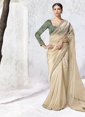 beige silk blend designer border festive wear saree  1