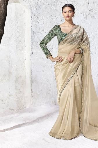 beige silk blend designer border festive wear saree 