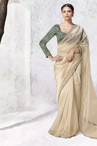 beige silk blend designer border festive wear saree 