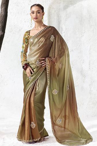 brown silk blend designer border with sequience work festive wear saree 