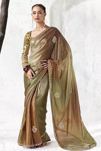 brown silk blend designer border with sequience work festive wear saree 